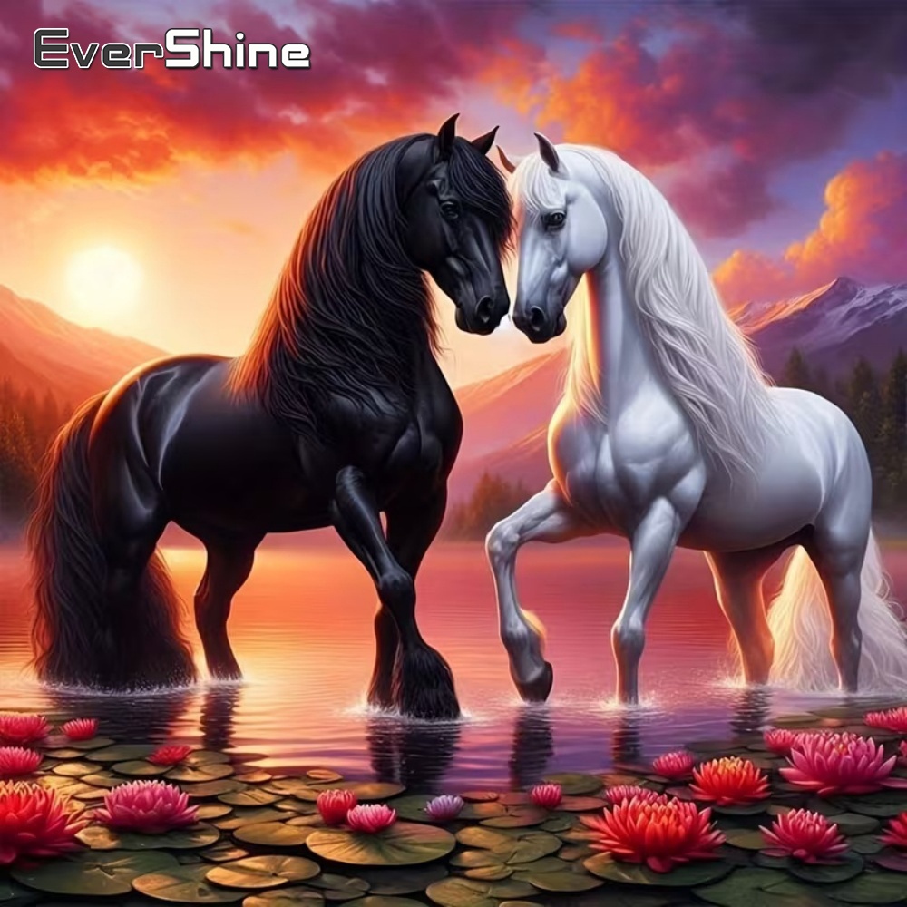 Embroidery Cross Stitch Patterns - ภาพปักครอสสติชเพชรลายม้าและดอกบัวจาก Evershine สำหรับผู้ใหญ่และผู้เริ่มต้น งานปักตกแต่งบ้าน