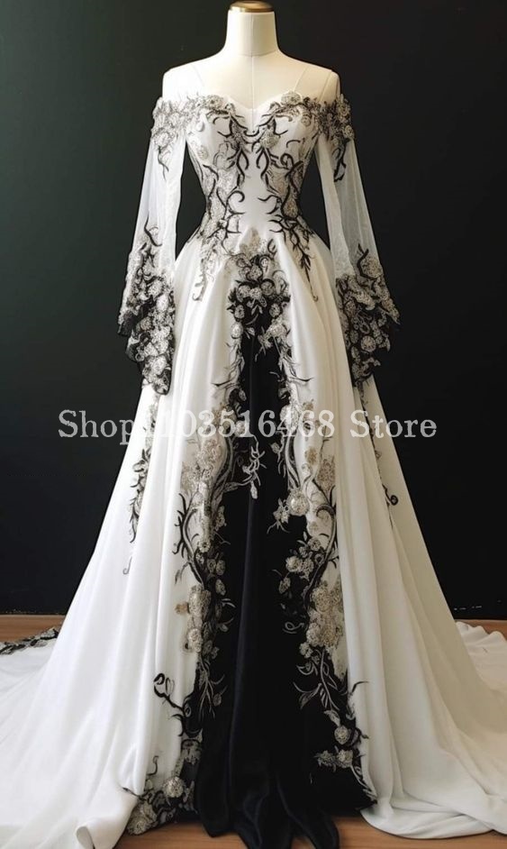 Embroidery Flower Pattern - ชุดเดรสแต่งงานปักลายดอกไม้แนวแฟนตาซีชุดเจ้าสาวยาวแต่งทรงเอแขนยาวปักลายลูกไม้ข้างเดียว
