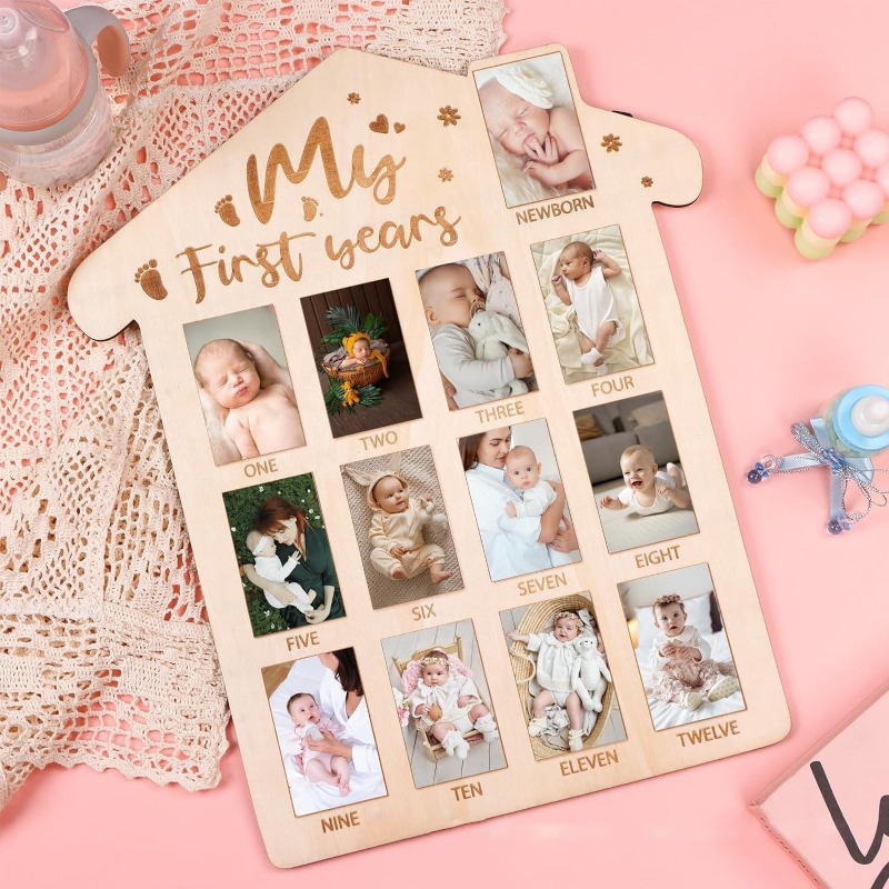 Frame Display Wood - กรอบรูปที่ระลึกเด็กทารกไม้, ปฏิทินรายเดือน, กระดานแสดงภาพ, กรอบรูปเหตุการณ์สําคัญสําหรับทารกแรกเกิด