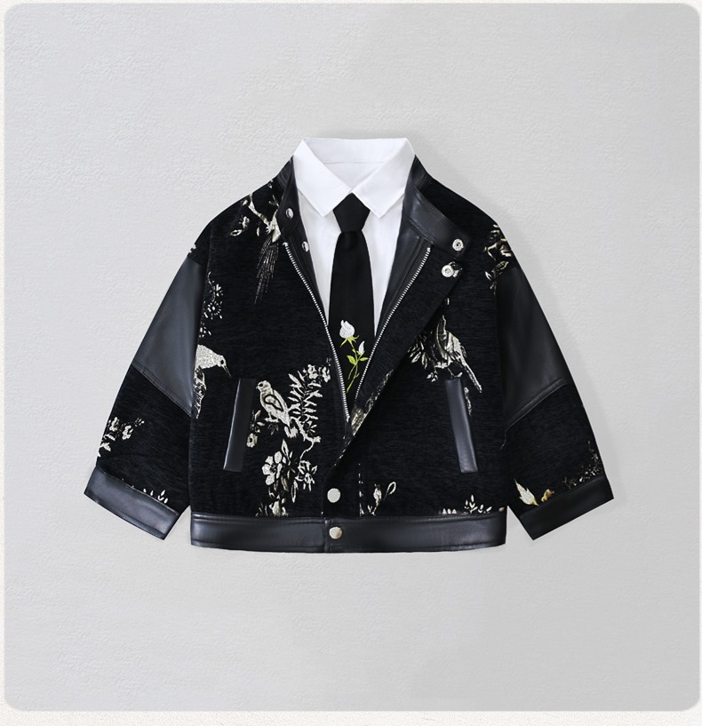 Embroidery Uniforms - เสื้อแจ็คเก็ตหนัง PU ปักลายมอเตอร์ไซค์สำหรับเด็กผู้ชาย กันน้ำ กันลม เหมาะสำหรับถ่ายรูปในวันคริสต์มาสและปีใหม่
