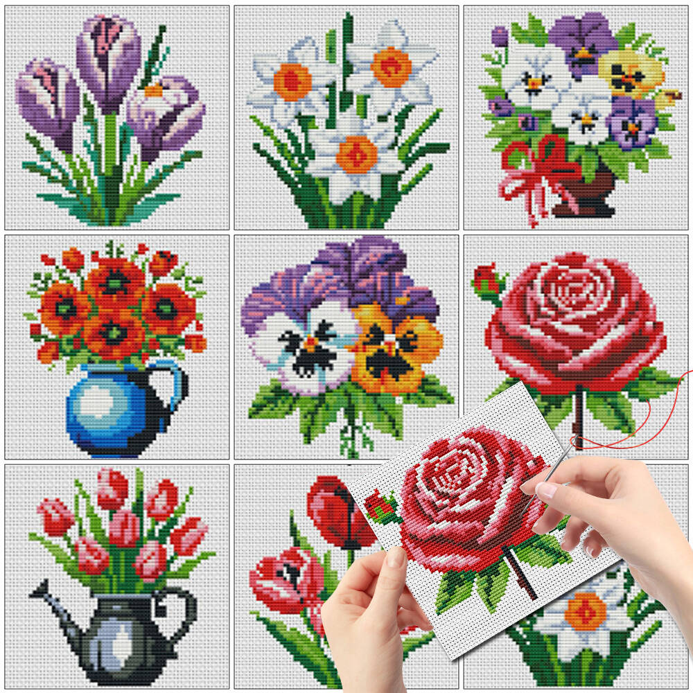 Embroidery X Stitch - ชุดปักครอสติชลายแจกันดอกไม้ขนาดเล็ก 8 ชิ้น ยี่ห้อ Evershine ไม่มีกรอบ