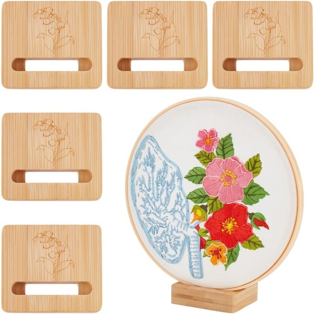 Embroidery Flower Pattern - ขาตั้งวงแหวนปักผ้ารูปสี่เหลี่ยมผืนผ้า 6 ชิ้น พร้อมฐานไม้ลายดอกไม้
