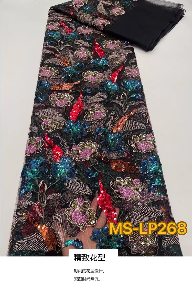 Embroidery Flower Pattern - ผ้าตาข่ายเนื้อนุ่มแบบใหม่ 1 หลา ผ้าปักลายดอกไม้ประดับเลื่อมสองสี หรูหรา สำหรับตัดเย็บชุดกี่เพ้า