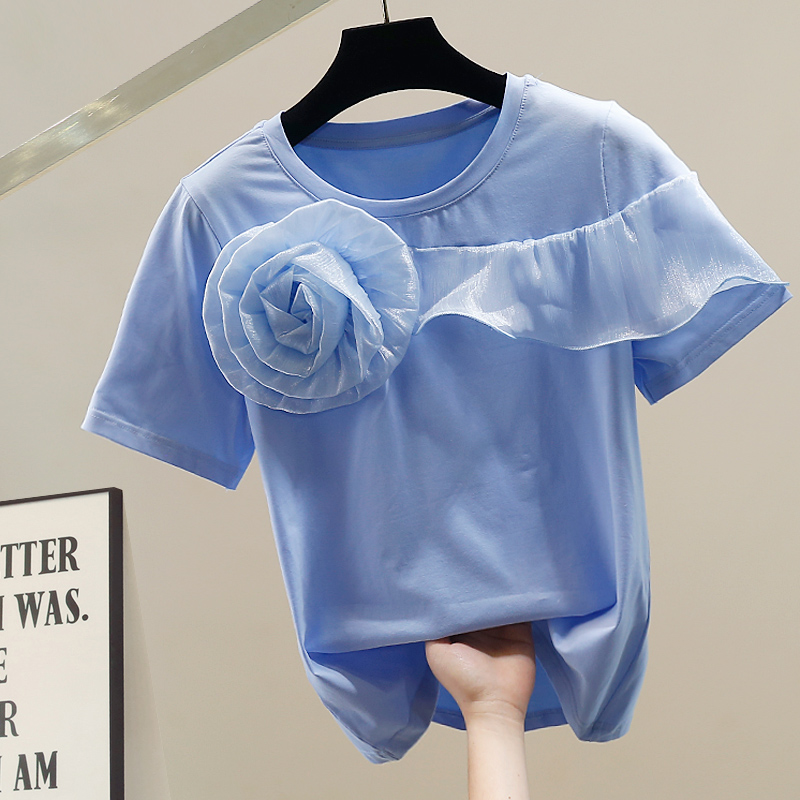 เสื้อยืดแขนสั้นสไตล์เกาหลีแฟชั - Embroidery Flower Pattern บทวิจารณ์และราคา